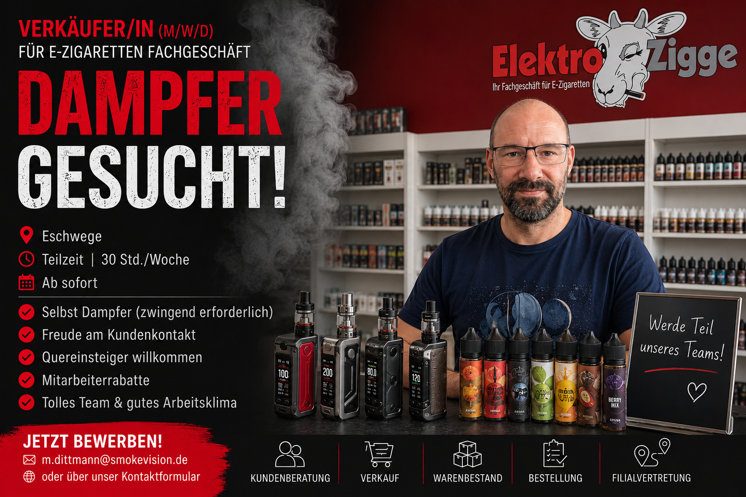 Verkäufer/in (m/w/d) für E-Zigaretten Fachgeschäft – Teilzeit 30h | Eschwege